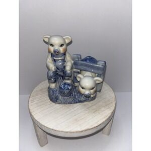 Vintage Delft Blue/White Country Overall Pigs Stuck in Fence